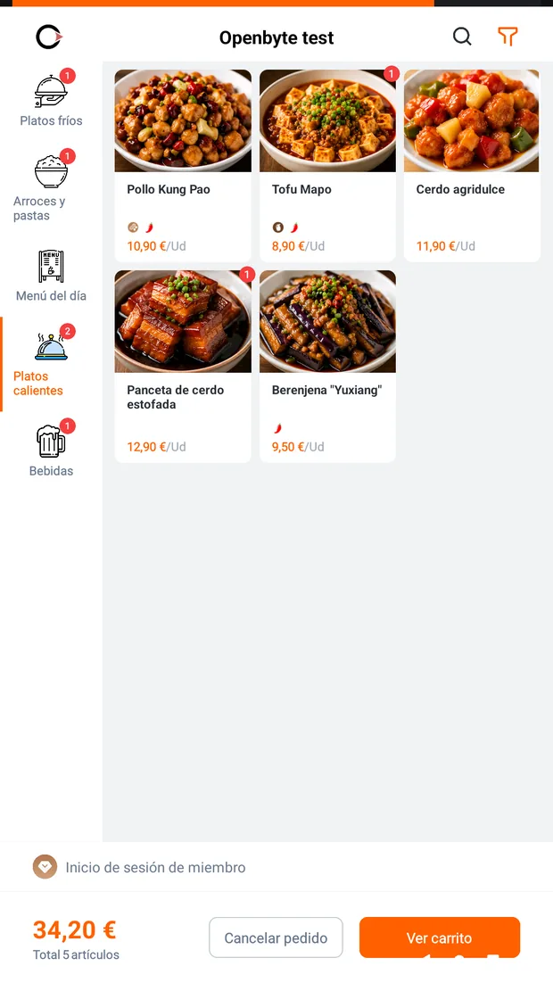 Pantalla de autopedido de OpenX POS con la carta y el total del pedido, en castellano