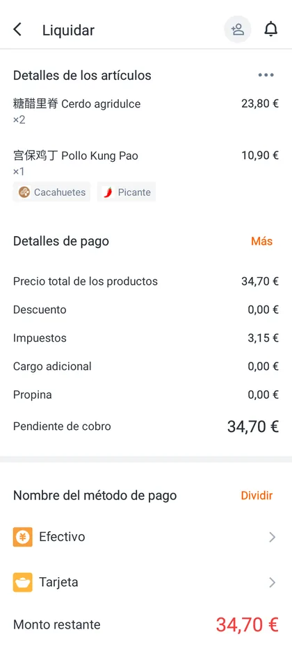 Pantalla de liquidación de OpenX POS con el detalle de artículos, impuestos y métodos de pago, en castellano